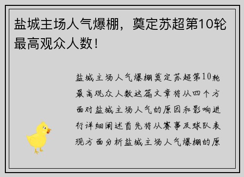 盐城主场人气爆棚，奠定苏超第10轮最高观众人数！